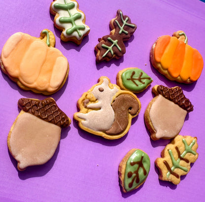 Decorative cookies shaped like pumpkins, acorns, leaves, and a squirrel on a purple background.