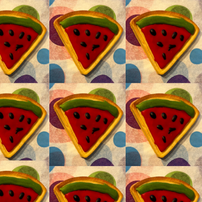 Collage of watermelon slice cookies on a patterned background